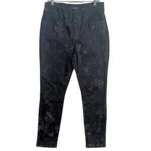 Joseph Ribkoff Velvet Flocked Pull On Jeans 12 Black Floral Stretch Denim Pants